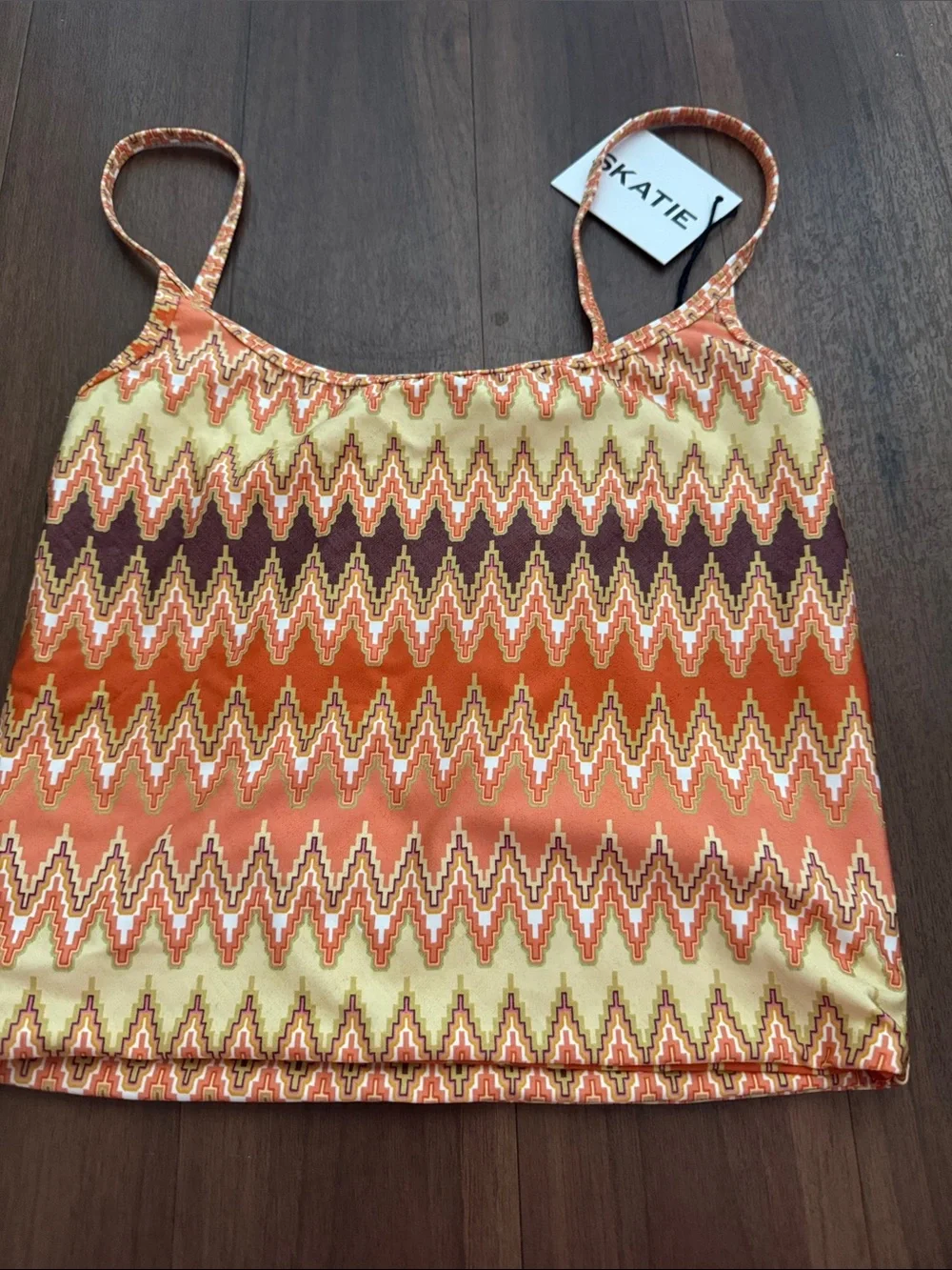 Skatie Orange Chevron Print Bathing suite Top with Brown Accents - Picture 1 of 3